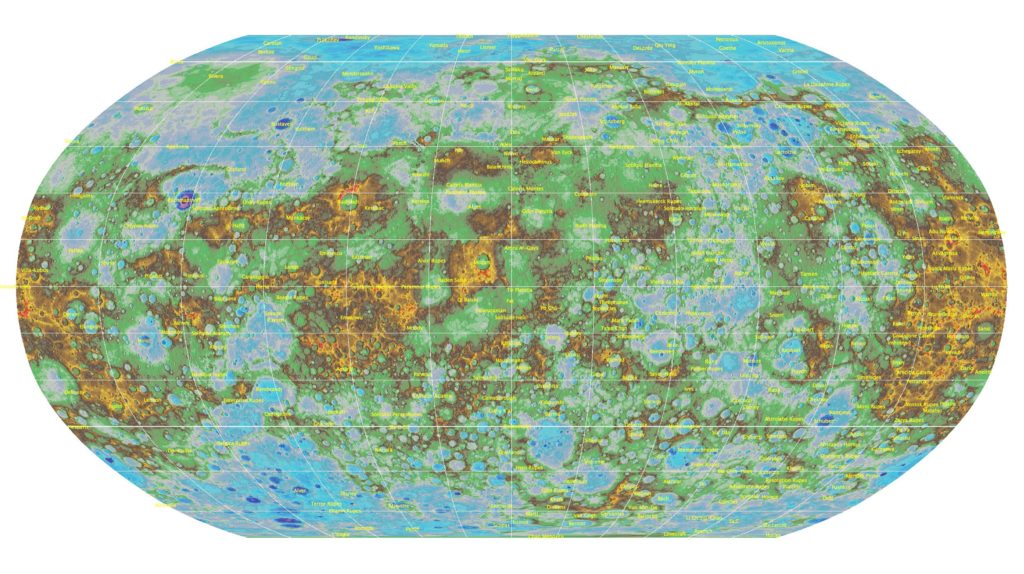 Полная топографическая карта Меркурия с подписями.